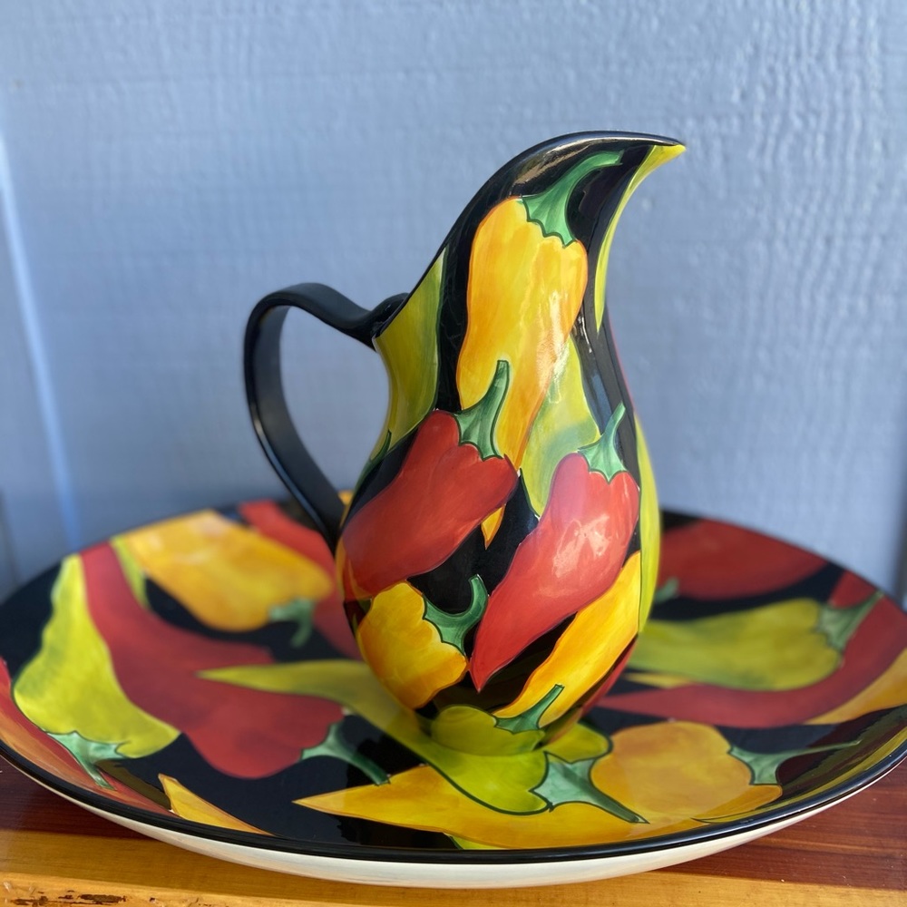 Clay Art Pitcher Hand Painted Chili Pepper